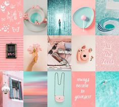 a collage of pink and blue images