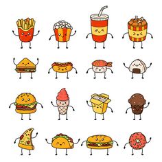 a group of cartoon characters with different foods and drinks