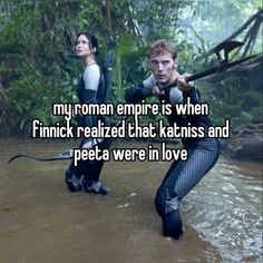 two people in the water with text that reads, my roman empire is when finnick really