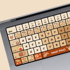 an image of a laptop keyboard with stickers on the keys and numbers for food