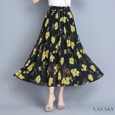 Lasaky - Floral-printed Midi Skirt: A Stylish and Versatile Addition to Your Wardrobe Black Floral Print Skirt For Summer, Summer Black Maxi Skirt With Floral Print, Summer Long Printed Skirt, Printed Long Skirt For Summer, Non-stretch Yellow Skirt For Summer, Non-stretch Floral Print Maxi Skirt For Summer, Non-stretch Black Summer Skirt, Black Non-stretch Summer Skirt, Casual Printed Maxi Skirt For Summer