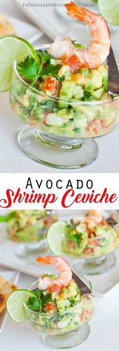 shrimp and avocado salad served in glass bowls with lime wedges