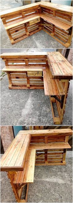 the bench is made out of wooden pallets and has two benches built into it