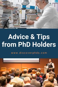 a man standing at a podium in front of a crowd with the words advice & tips from phd holders