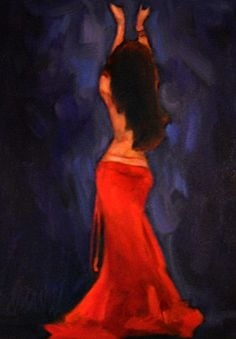 a painting of a woman in a red dress with her hands up to the sky