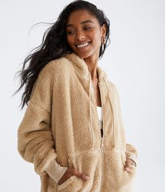 Hoodies & Sweatshirts - Cozy up in this crazy-soft sherpa hoodie featuring a chill oversized fit. - female - Polyester Fit Female, Trim Styles, Sherpa Hoodie, Full Zip Hoodie, Aeropostale, Fleece Fabric, Oversized Fits, Zip Hoodie, Rib Knit