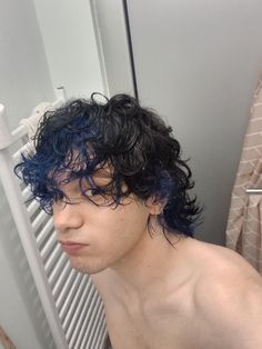 Mens Multicolor Hair, Died Curly Hair Men, Male Peekaboo Hair, Hair Dye Short Hair Men, Black Blue Hair Men, Dyed Male Hair, Dyed Long Hair Men, Blue Curly Hair Men, Blue Hair Black Tips