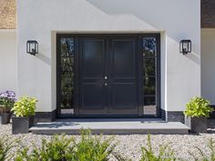 the front door of a house with potted plants on either side and two large black doors