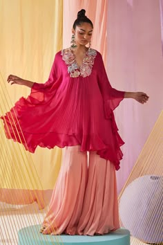 Shop for these amazing collections of Pink Chinnon Chiffon Petunia Bloom Kaftan Tunic With Sharara Pant For Women by Anu Pellakuru online at Aza Fashions. Rakshabandhan Outfit Ideas, Chiffon Sharara, Chiffon Embroidery, Chiffon Kaftan, Sharara Pants, Kaftan Tunic, Designer Anarkali Dresses, Fusion Wear, Anarkali Dresses