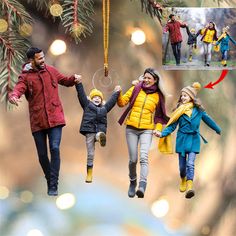 an ornament is hanging from a christmas tree with three children and one adult