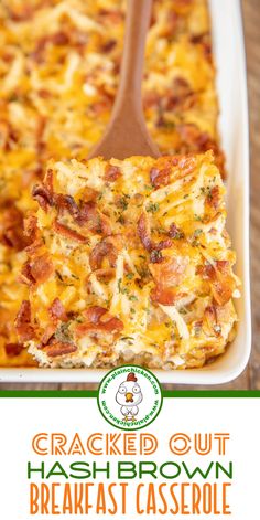 baked hash browns casserole in a baking dish with a spatula on top