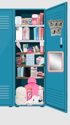 an open blue locker filled with personal items