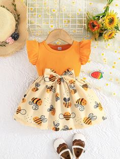 Baby Girl Summer Flutter Sleeve Dress, Lovely Bee Print With Bowknot And Stripe Design Yellow   Sleeveless Knitted Fabric Animal,Cartoon,Plants A Line Slight Stretch  Baby Girls Clothing, size features are:Bust: ,Length: ,Sleeve Length: Cartoon Bee, Bee Pattern, Cap Sleeve Dress, Bee Print, Casual Cap, Animal Cartoon, Girl Onesies