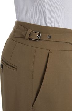 An extended waist tab with buckle closure underscores the retro look of these straight-leg pants tailored in Italy from virgin-wool stretch twill. Zip fly with buckle-tab closure Front slant pockets; back button-welt pockets 96% virgin wool, 4% spandex Dry clean Made in Italy Designer Clothing Stylish Pants Design For Men, Tailored Dress Pants With Belt Loops For Office, Workwear Dress Pants With Belt Loops, Chic Wool Dress Pants With Belt Loops, Straight Leg Dress Pants With Belt Loops For Work, Brown Dress Pants With Belt Loops For Office, Classic Workwear Bottoms With Belt Loops, Classic Bottoms With Belt Loops For Work, Tailored Semi-formal Bottoms With Belt Loops