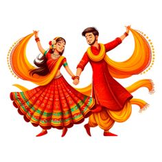 two people are dancing with their hands in the air while wearing orange and yellow outfits