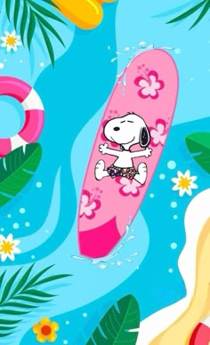 a cartoon character is floating on a surfboard in the water with flowers and palm leaves