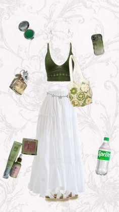 Green themed bohemian Clothes For Trip To Italy, Boho Beach Outfit Ideas, Cute Green Outfits Casual, Spring In Greece Outfits, Egyptian Inspired Outfits, Italy Aesthetic Clothes, Summer Outfits 2025 Women, Curacao Outfit Ideas, Tropical Theme Party Outfit