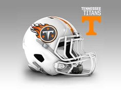 the tennessee titans helmet is shown with an orange and white flame on it's side