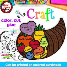 the color, cut, glue craft kit includes fruit and vegetables