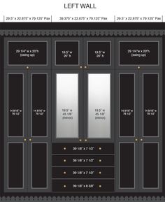 an image of a closet with measurements for the doors and drawers on it's sides