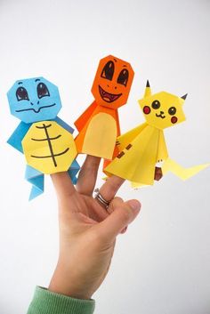 how to fold super easy Pokemon Origami with kids: step-by-step directions to craft Charmander, Squirtle, and Pikachu #pokemon