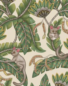 a wallpaper with monkeys and leaves on it