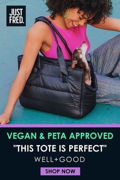 Image shows Just Fred's limited edition weekend dog tote. A stylish woman in a pink top is sitting on the ground with a dog in the bag. Vegan and PETA approved.  Well + Good says "this tote is perfect"  Shop now at Just Fred. Emotional Support Dog