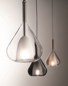 three glass pendant lights hanging from a ceiling