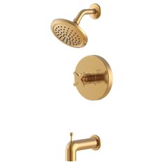 a gold shower faucet with thermostaer and hand shower head