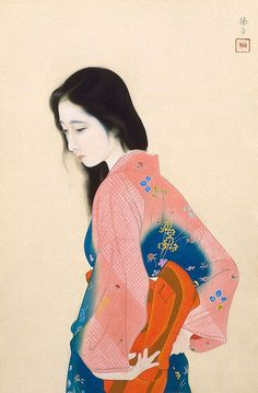 a painting of a woman in a kimono with her eyes closed and hands behind her back