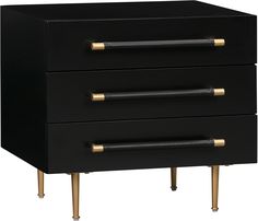 a black and gold nightstand with three drawers on one side and two brass handles on the other