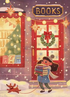 an illustration of a girl holding books in front of a christmas window with a dog