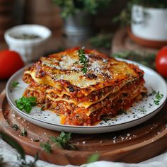 a white plate topped with lasagna on top of a wooden table next to tomatoes