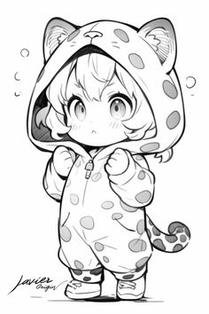 a drawing of a cat in a hoodie with polka dots on it's face