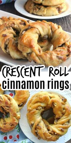 several different types of cinnamon rings on plates with the words crescent roll cinnamon rings above them