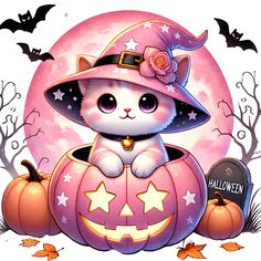 a cat wearing a witches hat sitting on top of a pumpkin with stars and moon in the background