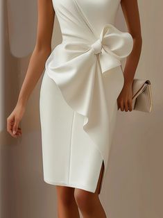 White 3D Bow Sleeveless Sheath Midi Dress | fehaute Elegant Sheath Sleeveless Dress For Summer, Elegant White Strapless Sleeveless Dress, Elegant White Sleeveless Midi Dress, Elegant White Sleeveless Beach Dress, Elegant White Lace Sleeveless Dress, White Sleeveless Knee-length Dress For Formal Occasions, White Sleeveless Knee-length Formal Dress, Elegant White Sleeveless Dress, White Knee-length Sleeveless Formal Dress