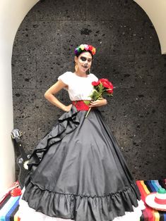 Mexican womans dress SKIRT ONLY BLack day of the dead mexican | Etsy Mexican Women Tradional Dresses, Mexican Fiesta Party Costumes, Sugar Skull Fancy Dress, Old Mexican Dresses, Adelita Costume, Sugar Skull Costume Dress, Coco Theme Party, Jalisco Dress, Catrina Costume