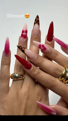 Full Set Inspo Nails, Long Acrylic Nail Designs Red, Pink And Red Nails Almond, Preppy Christmas Nails Almond, Nail Stelitto Ideas, Same Color French Tip Nails, Green Almond Nails Ideas, Almondetto Nails Designs, Photos To Show Off Nails