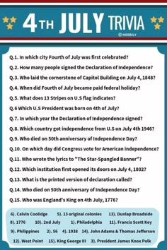 the fourth july trivia is shown in red, white and blue