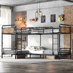 a bunk bed in a room with brick walls