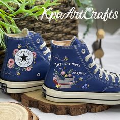 Flower and Book Embroidered Converse, One More Chapter Embroidery Converse, Embroidered Flower Book Shoes, Book Readers Gift, Stack of Books - Etsy Floral Embroidered Converse, Embroidered Chuck Taylors, Witchy Closet, Flower And Book, Cute Converse Shoes, Book Reader Gifts