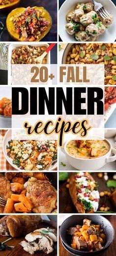 the cover of 20 fall dinner recipes with pictures of different dishes and vegetables in them