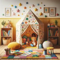 a child's room with toys and bookshelves on the wall, including a play tent