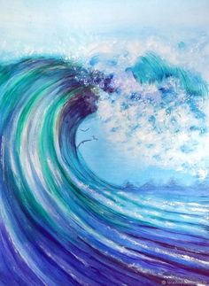 a painting of a wave in the ocean with blue and green paint on it's surface