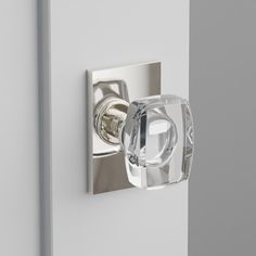 a glass door handle on the side of a white door with a silver frame and knob