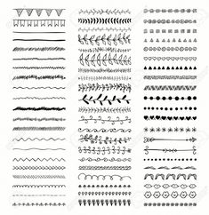 a large set of hand drawn doodles and lines on white paper, each with different shapes