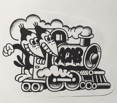 a black and white drawing of a train with cartoon characters on it's side