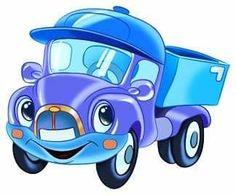 a purple truck with a blue hat on it's head is shown in front of a yellow background