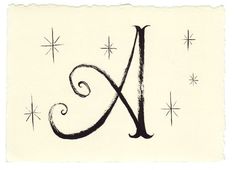 a black and white drawing of the letter k with stars in the sky behind it